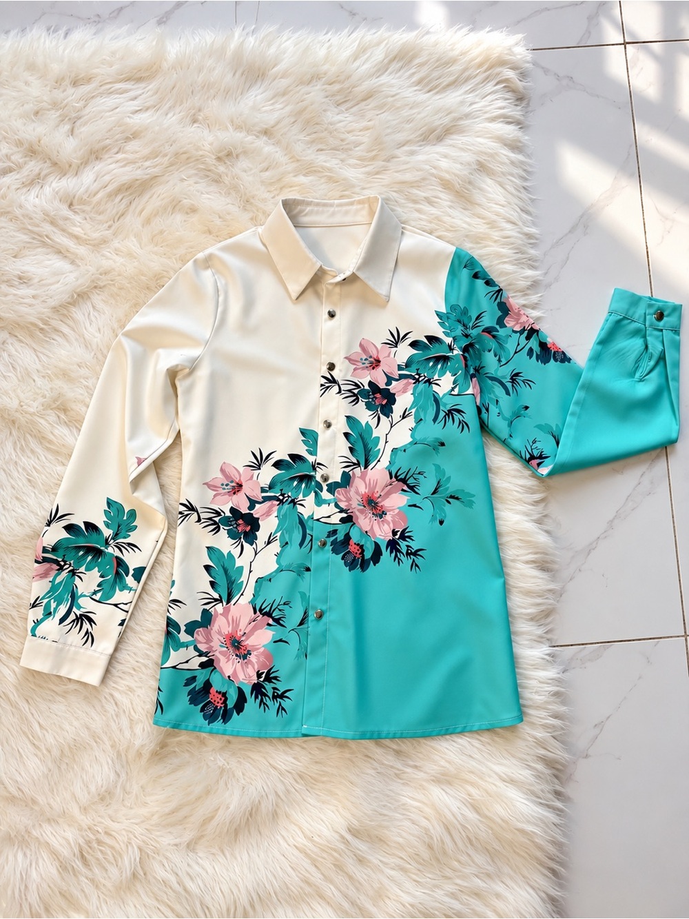 Teal & Ivory Floral Button-Up Blouse | Long Sleeve